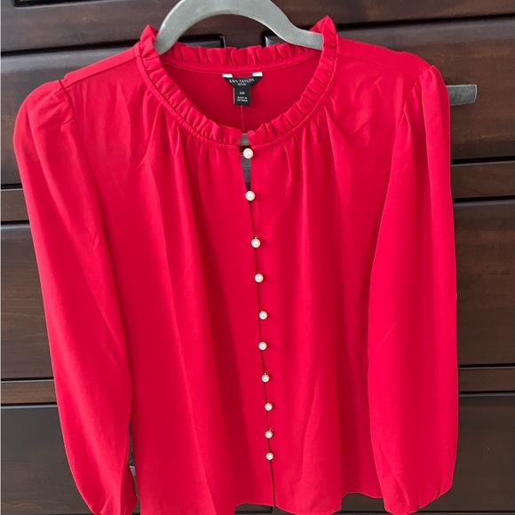 XSP ANN TAYLOR NWT!  Red blouse with white “pearl” buttons. - Picture 2 of 3
